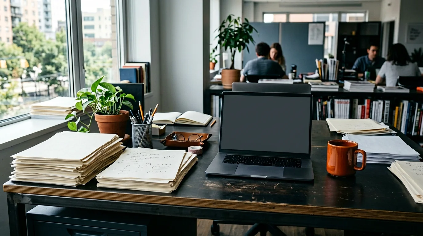 Redaktioneller Arbeitsplatz mit Unterlagen, Hintergrund 1376x768 Pixel, WebP