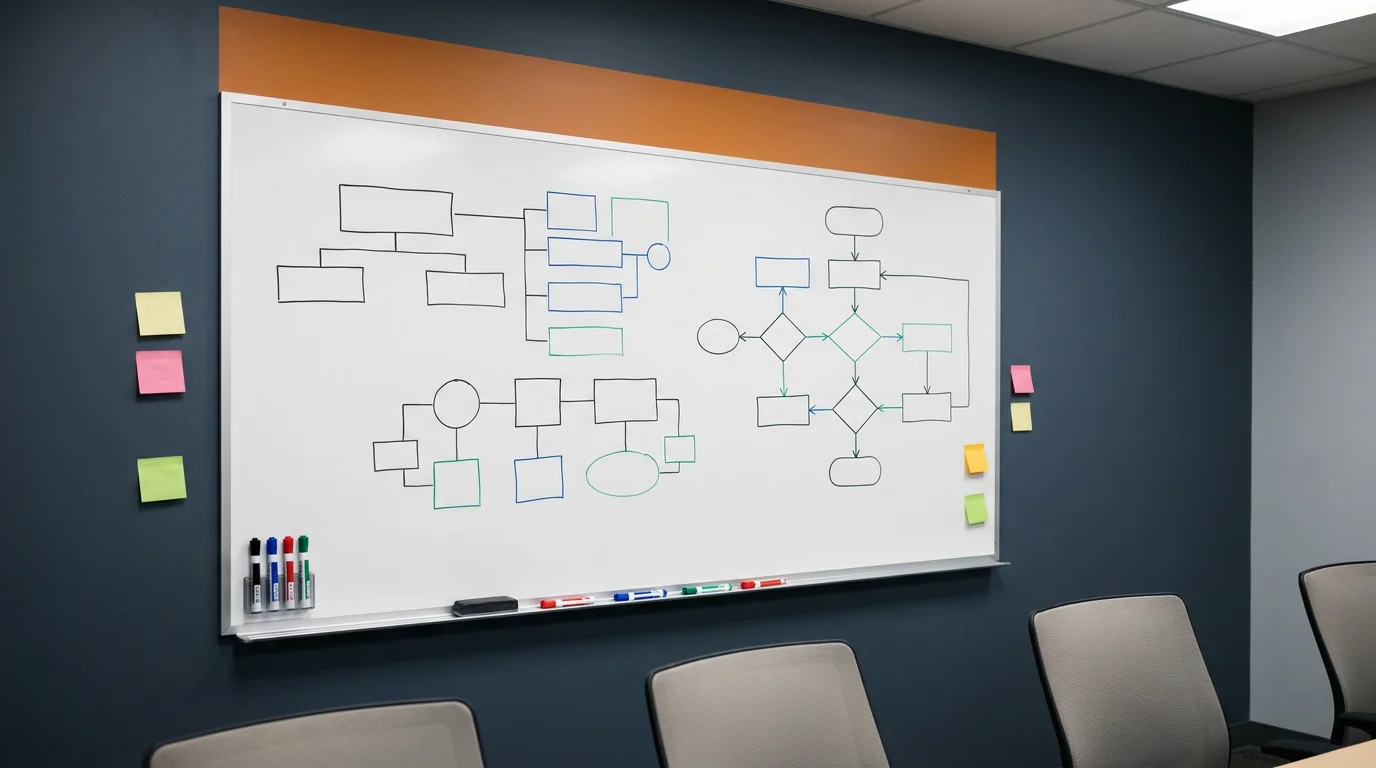 Workshop-Situation mit Whiteboard und Versicherungsbegriffen, 1376x768 Pixel, WebP