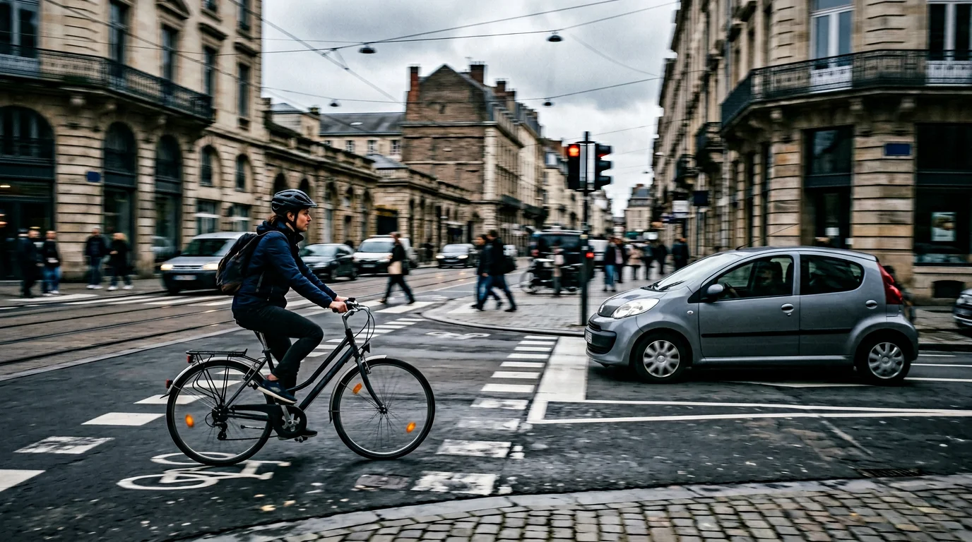 Fahrrad und Auto im Stadtverkehr, Titelbild Haftpflicht, 1376x768 Pixel, WebP